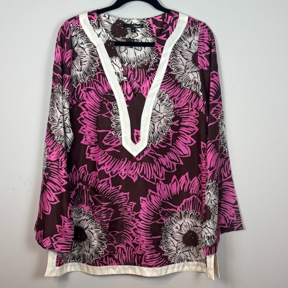 Liquid 100% Silk Y2K V-Neck Pink Brown Fairy Blouse Womens‎ 8 Boho whimsical USA
